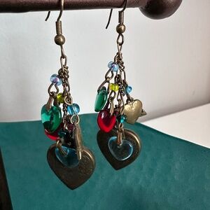 Vintage 90s Boho Heart Dangle Earrings – Mixed Beads & Etched Brass
